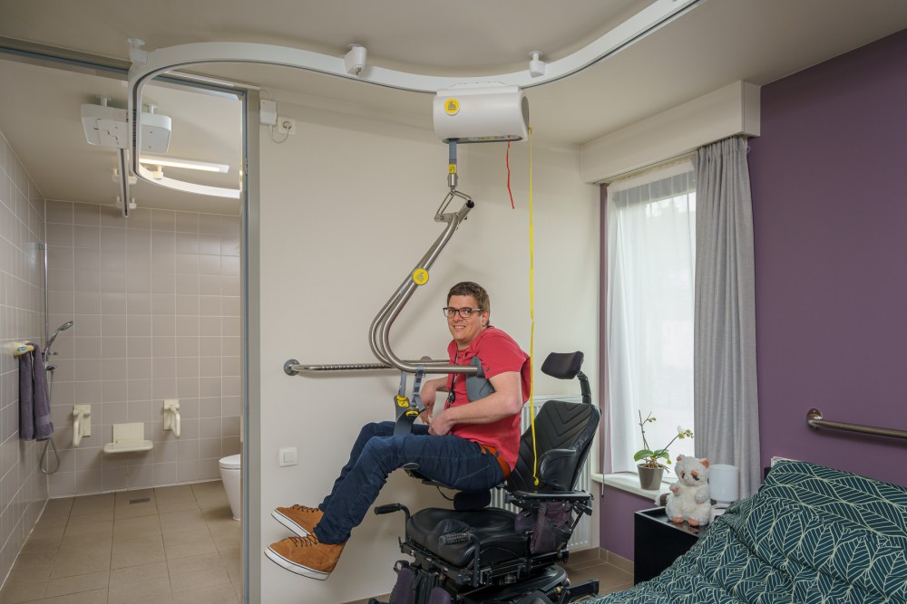 Ceiling hoist - with motor fixed on the rail ; Ceiling track rails ; Handi-Move Body Support® - Handi-Rehab Patient lift hoist